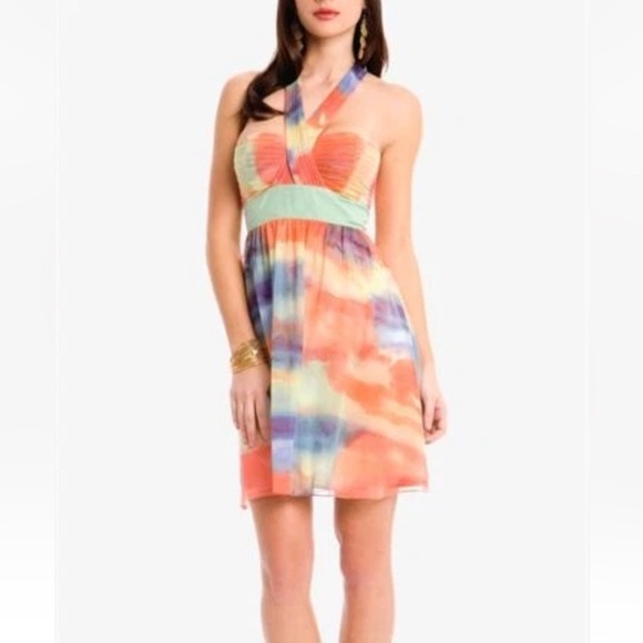 [S]Marciano multi color watercolor Summer Cross Silk dress - Picture 1 of 8
